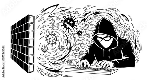 Hacker under cyber attack with viruses and malware
