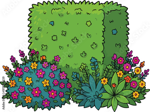 Isolated on Cartoon hedge and flowering bushes collection, vibrant garden shrubs and green foliage design for landscape, backyard, park, or floral border vector art on white background