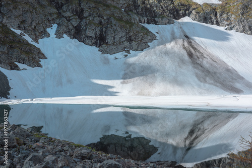 Ideal horizontal symmetrical snowy image in reflection of glacier lake. Smoot...