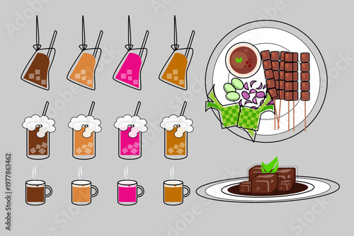 Set of Malaysian street food icons, delicious grilled chicken satay with peanut sauce and iced beverage in a plastic bag
