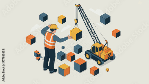 A worker in an orange vest operates a crane to move colorful blocks around the construction site with precision and care.