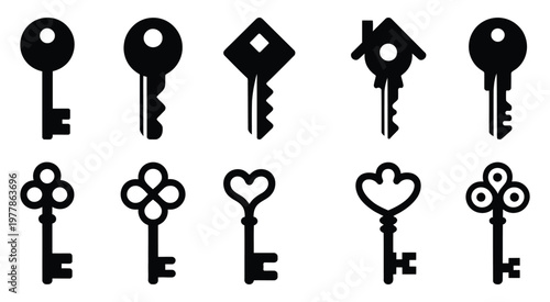 Various keys in different shapes and designs, vector illustration set featuring ornate, modern, and classic key styles, perfect for security