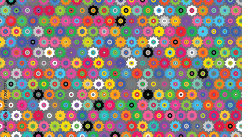 Seamless pattern of colorful gears, an abstract mechanical background with a vibrant, playful mood. Vector illustration featuring many bright colors on a light gray backdrop, ideal for