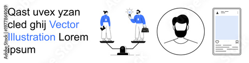 Work-life balance, innovation, personal identity, digital presence, equality, decision-making. Figures balancing scales, person outline smartphone profile. Work-life balance and innovation