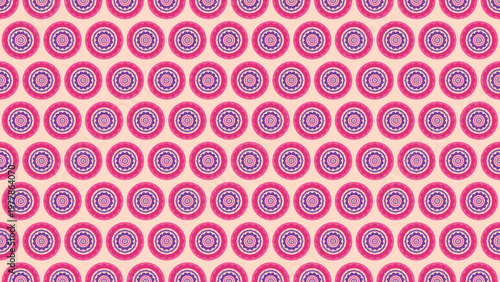 Seamless pattern featuring vibrant fuchsia and violet decorative circles with intricate floral-inspired motifs on a soft blush background, ideal for modern textile designs, elegant