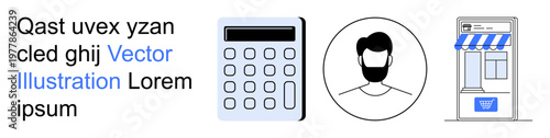 Business calculations, e-commerce, finance management, online service, shopping, digital tools. a calculator, a male head and a store design. Business calculations and e-commerce visualization