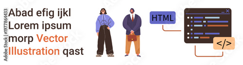 Web development, coding, teamwork, learning, technology, user interface design. Two people standing near a coding interface. Web development and coding concepts illustrated visually