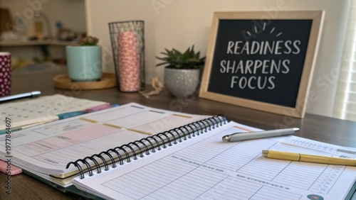 Stylish workspace with planner, motivational sign, and office supplies for productivity and organization in modern home setting