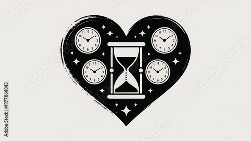 A heart-shaped illustration features an hourglass surrounded by four clocks and stars.