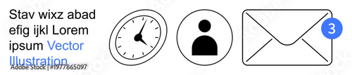 Digital communication, time tracking, online messaging, productivity, email notifications, personal accounts. Clock, user profile icon and mail envelope with notification badge. Communication
