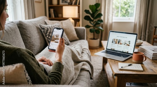 Relaxed businesswoman using a smartphone while working remotely on a sofa in a cozy living room.