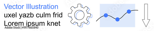 Data analysis, digital trends, workflow optimization, industrial process, performance tracking, business strategy. Gear, line graph and arrow in a minimal design. Data analysis and digital trends