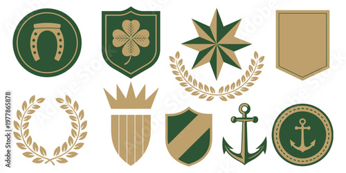 Vintage lucky charm badges flat vector pack featuring emerald and gold horseshoe, circular crest, four-leaf clover, shield, geometric star, gold coin