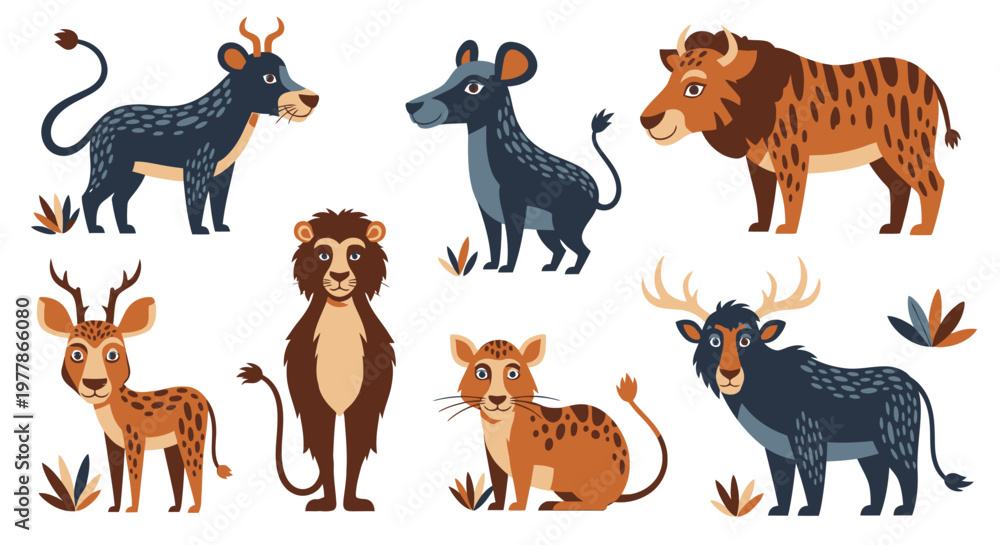 Fototapeta premium Collection of various wild animals standing 5.