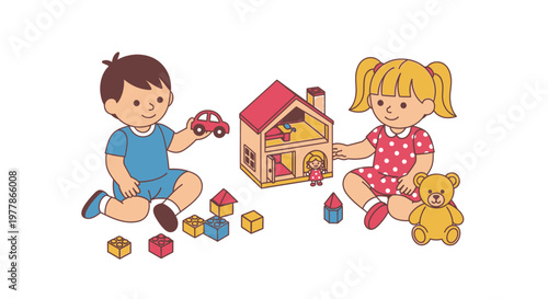 Children playing with toys and dollhouse.