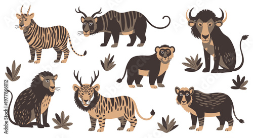 Collection of exotic wild animals standing.