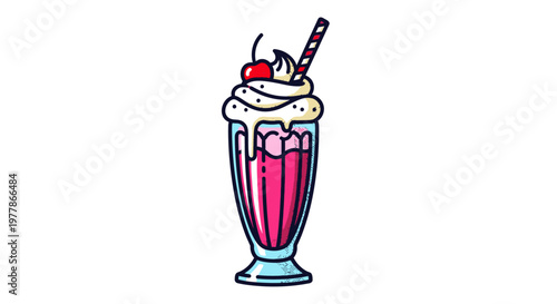 Pink milkshake with whipped cream topping.