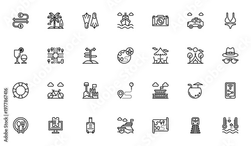 Leisure and Tourism icon set. Travel vector icons pack. Includes symbols for beach, airplane, boat, camera, car, drink, activities and more. Editable stroke.