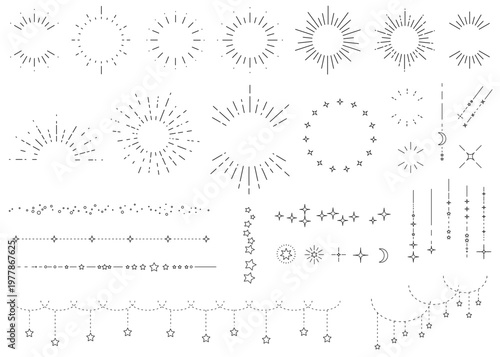 太陽と星空をイメージしたシンプルな飾り罫線・ラインのイラストセット　キラキラ　点　Sunburst