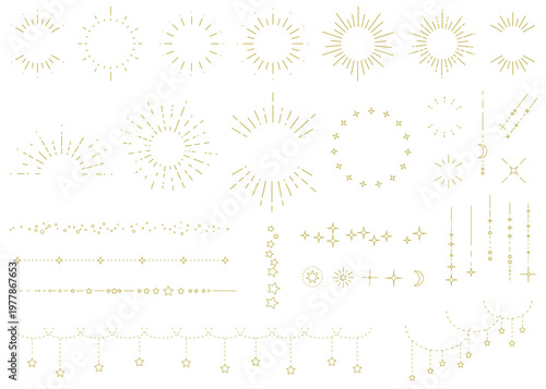 太陽と星空をイメージしたシンプルな飾り罫線・ラインのイラストセット　キラキラ　点　Sunburst