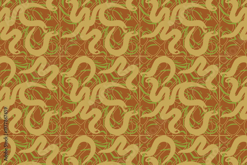 Earth tone snake skin texture seamless pattern with intricate green and brown reptilian scales in a realistic repeating layout