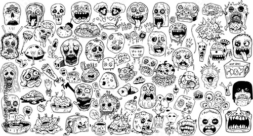 Tableau sur toile Spooky Black and White Line Art Doodle Collection featuring Hand-Drawn Horror Zombie Monster Faces, Skulls, and Creepy Elements for Halloween Designs