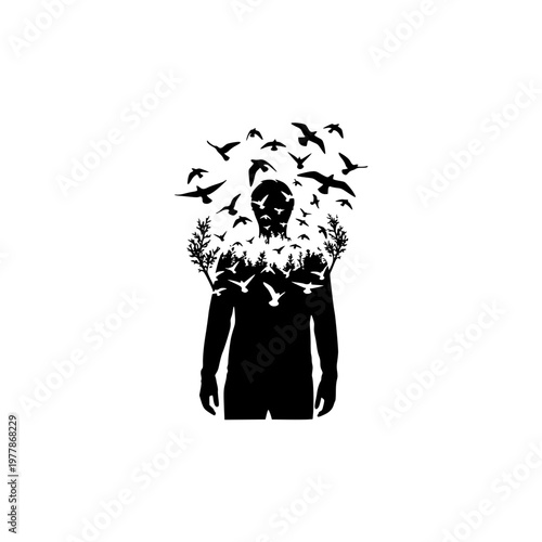 Conceptual silhouette of a man with flying birds and forest double exposure