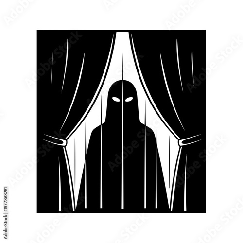 Mysterious Hooded Silhouette with Glowing Eyes Behind Curtains