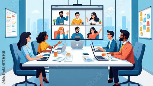 Hybrid Team Meeting with Remote Participants on Screen Vector