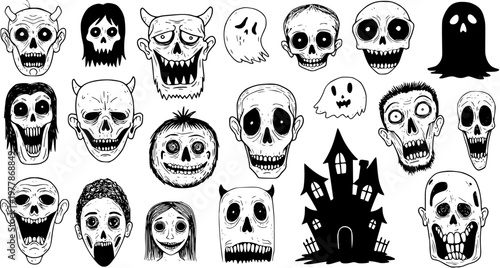 Spooky Halloween Black and White Line Art Icons: Skulls, Ghosts, Haunted House for Holiday Design