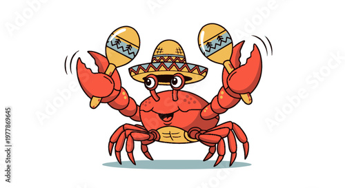 Crab wearing sombrero and maracas dancing.