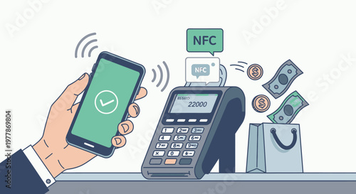Hand holding phone for NFC payment.