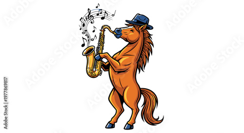 Horse playing a saxophone musically.