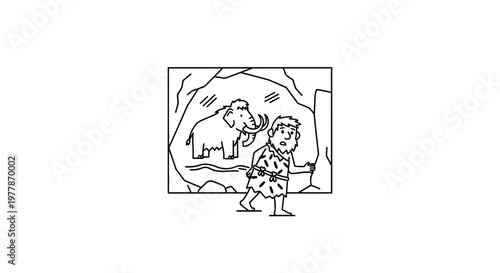 Caveman discovers mammoth painting inside ancient cave dwelling, prehistoric art concept