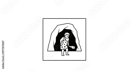 Caveman Emerging from Cave Holding Club, Prehistoric Man Lifestyle