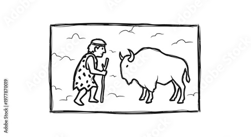 Caveman Facing a Bison in Prehistoric Landscape