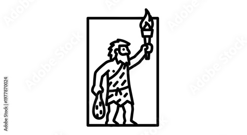 Caveman Holding Torch and Bag, Primitive Man Icon, Ancient Human Symbol