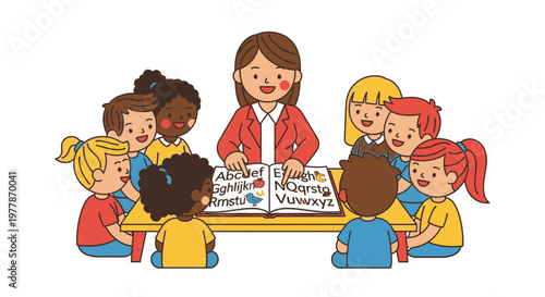 Smiling teacher with diverse students.