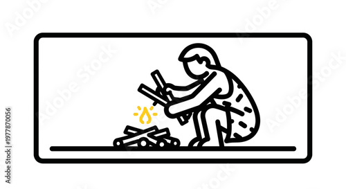 Caveman lighting fire with sticks, prehistoric man starting a campfire, ancient survival skill