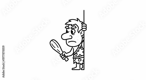 Caveman Peeking Around Corner Holding Club - Prehistoric Man Warrior Illustration