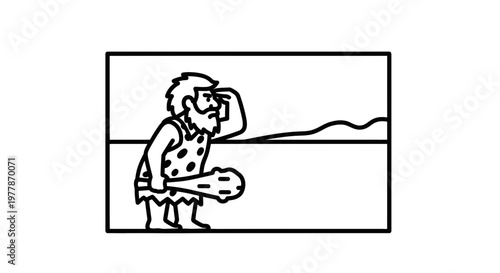 Caveman Looking Out Over a Vast Landscape, Holding a Club