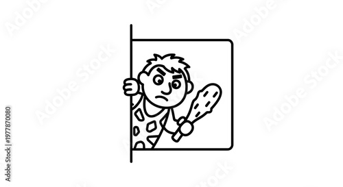 Caveman Peeking Around Corner Holding Club, Angry Expression, Primitive Man Icon