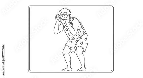 Caveman Peeking Out, Primitive Man Listening Intently, Ancient Human Discovery