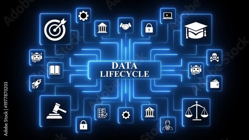 Data lifecycle network animation with connected digital icons and glowing nodes, abstract data processing, management and analycis workflow visualization on black background,4k animation video.
