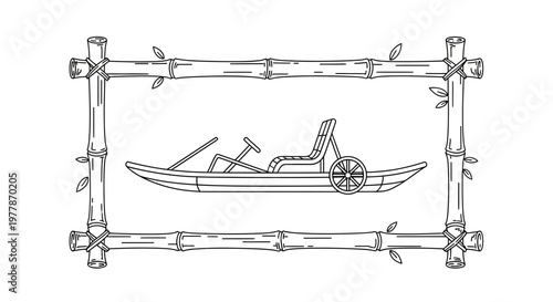 Bamboo Frame Around Vintage Pedal Boat Illustration
