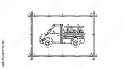 Bamboo framed sketch of a pickup truck loaded with wood, vintage style