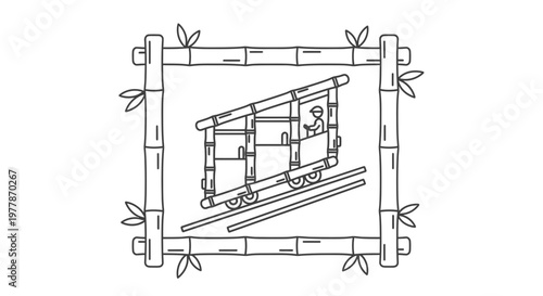 Bamboo Funicular Tramway with Driver on Rails in Bamboo Frame, Vintage Transport