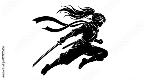 Dynamic Jumping Female Ninja Action Silhouette