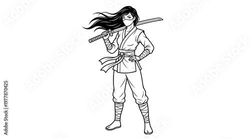 Female Ninja with Katana Over Shoulder Outline Logo