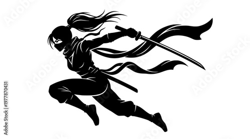 Dynamic Jumping Female Ninja Action Silhouette